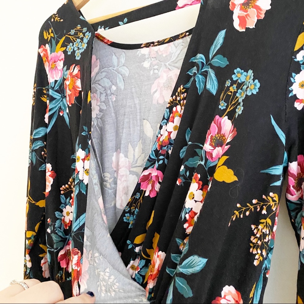 LOFT Floral Open Back Knit Long Sleeve Flare Skater Dress Black Pink 2 NWT - Picture 10 of 10